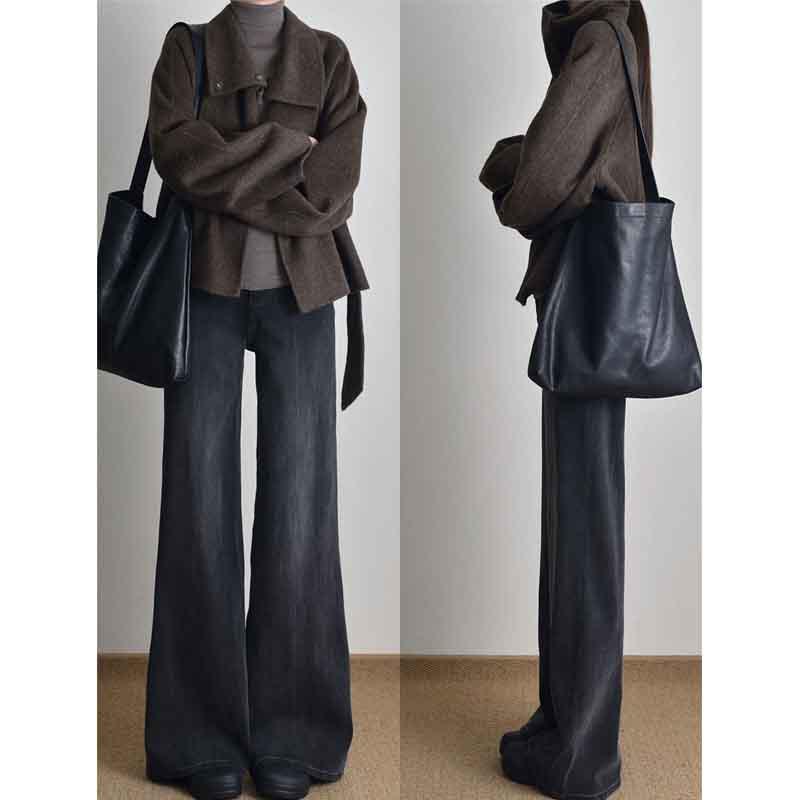 Women's Black-Grey High-Waisted Micro-Flare Jeans, Plus Size, Wide-Leg, Slimming, for Curvy Figures, Spring/Autumn 2025 Style