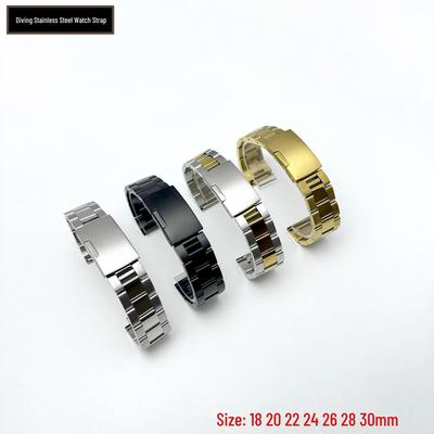 Diving Solid Stainless Steel Watch Band, Three-Bead Medium Polish, Flat End, Sizes: 18mm, 20mm, 22mm, 24mm