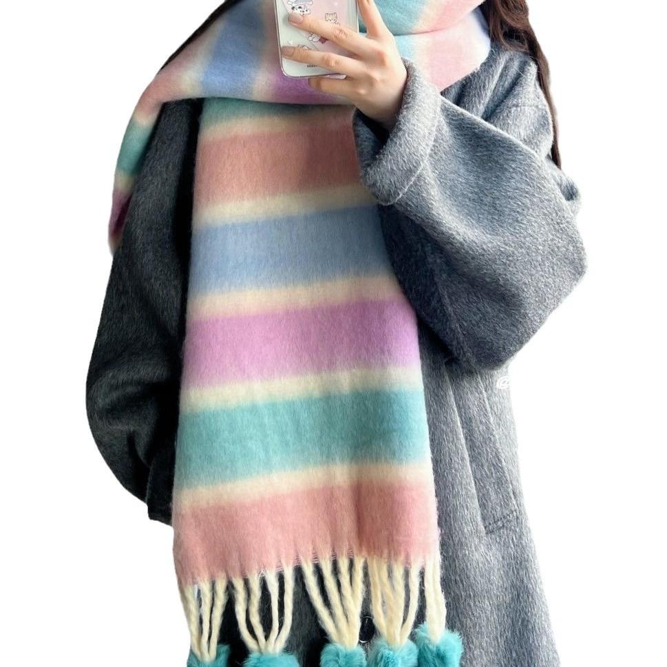 Mohair Rainbow Striped Scarf for Women Winter New Thickened Student Warm Shawl Versatile High End Fur Ball Scarf