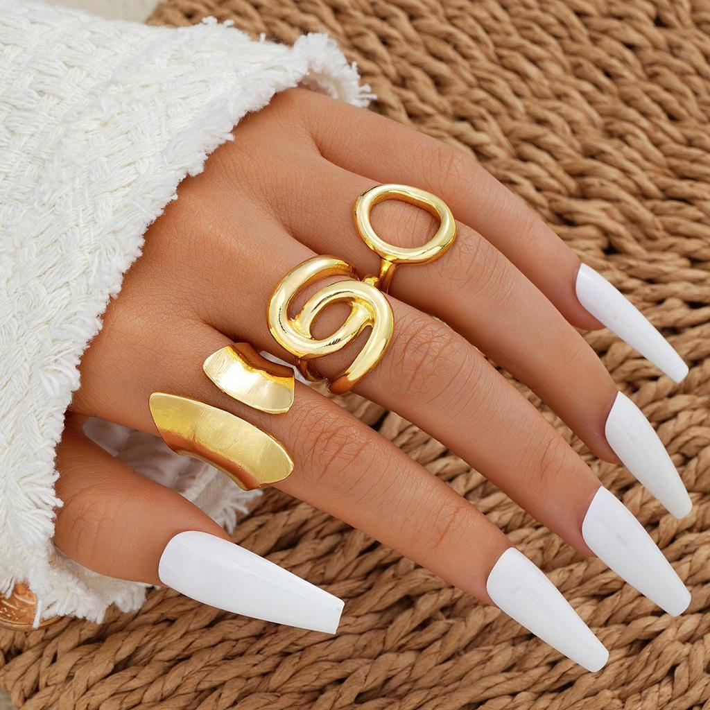 European & American Metal Texture Ring Set: Smooth, Exaggerated Geometric Open Rings for Women