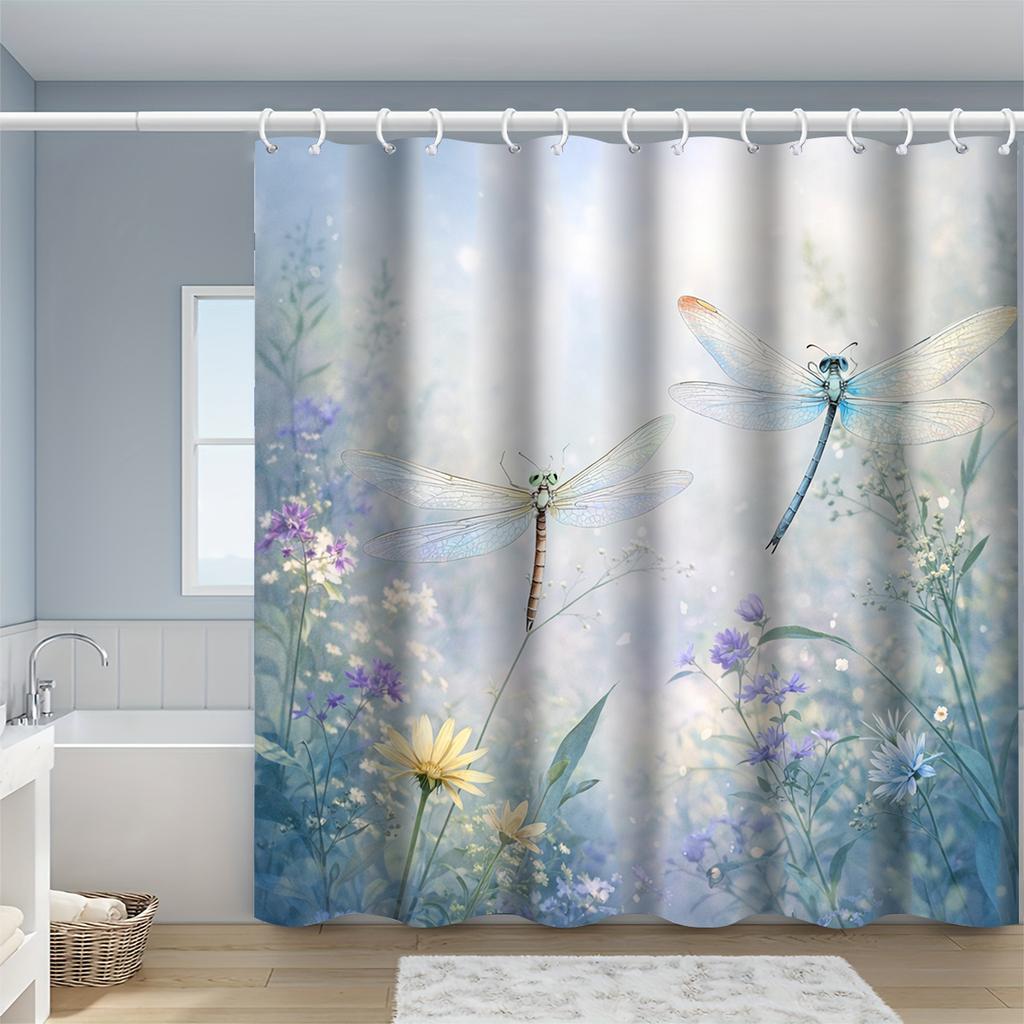 Dragonfly And Flowers Shower Curtain Waterproof Easy To Clean Privacy Protection Print Nature Garden Design Soft Blue Art