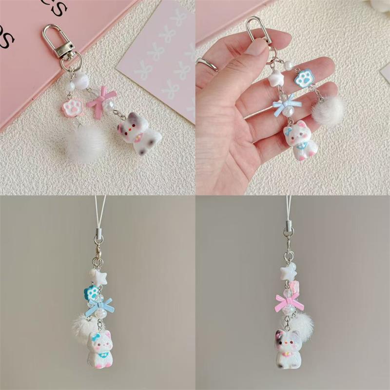 Sweet Cute Kitten Cat Fur Ball Bow Beads Keychain Pendant Phone Chain Lanyard Girly Backpack Charms Bag Hanging Ornaments Gifts