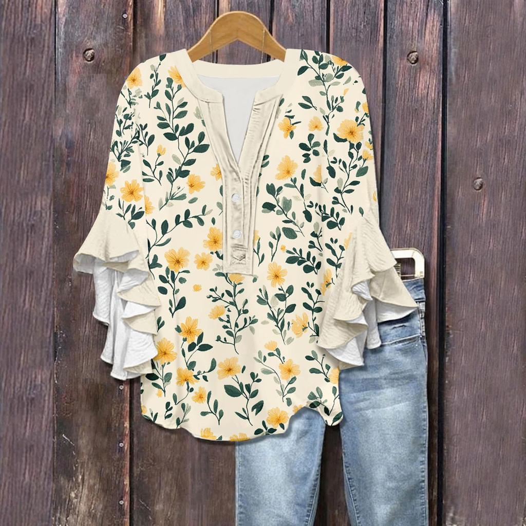 Women's Summer Tops V Neck Three-quarter Sleeves Floral Print Flowing Ruffle Sleeves Half-button Shirt