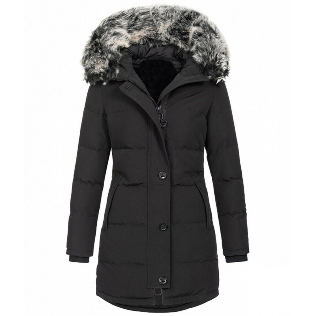 Parka Caldo Invernale da Donna a Maniche Lunghe con Cappuccio e Zip, Colore Solido, Lunghezza Media, in Cotone