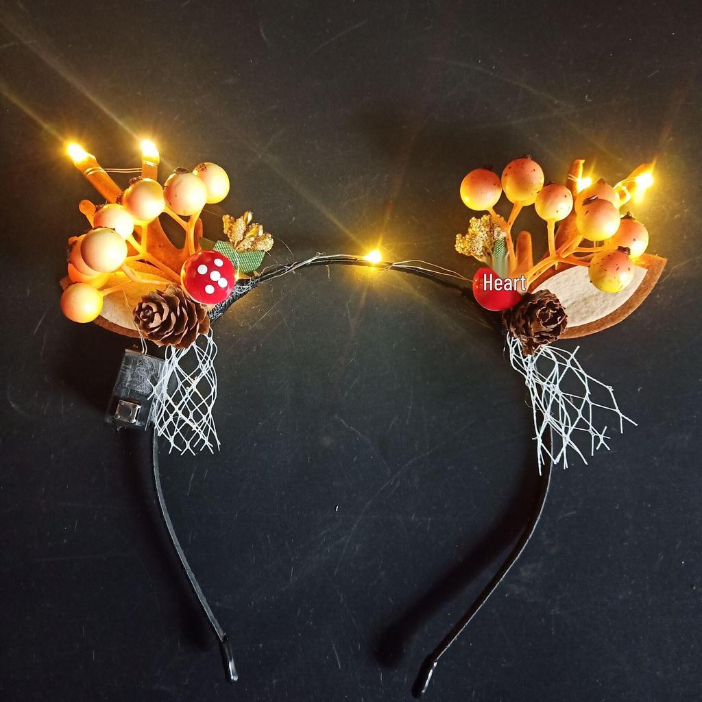 Luminous Reindeer Berry Antler Headband with Cat Ears - Christmas Accessory