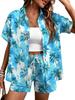 Plant-printed short-sleeved shirt, elastic waist shorts, two-piece set, vacation style casual suit, women's