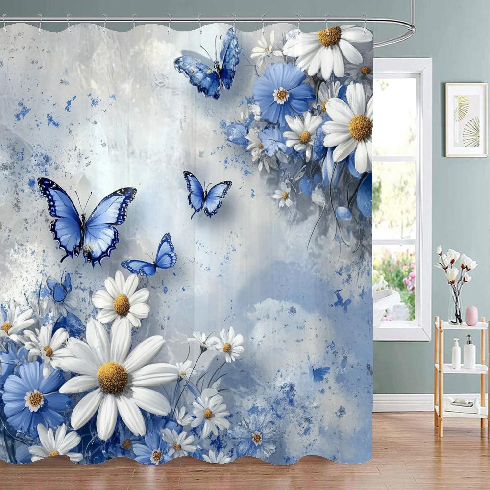 Flowers And Butterflies On Retro Wooden Boards Shower Curtain, Bathroom Shower Curtain, Waterproof Shower Curtain With Hooks