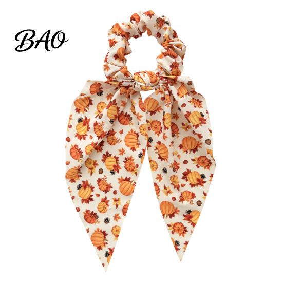 Elastic Hair Bands for Thick Fall Pumpkin Maple Leaf Tie Women, Bow Knot Ribbon Ponytail Skin Friendly Fabric Ties Holder, Soft Accessory Thanksgiving