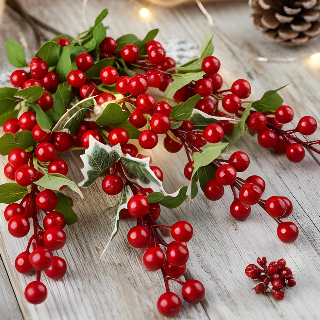 52cm Christmas Red Holly Berries Branch with Green Leaves Fake Berry DIY Garland Xmas Tree Ornaments Festival Party Home Decor