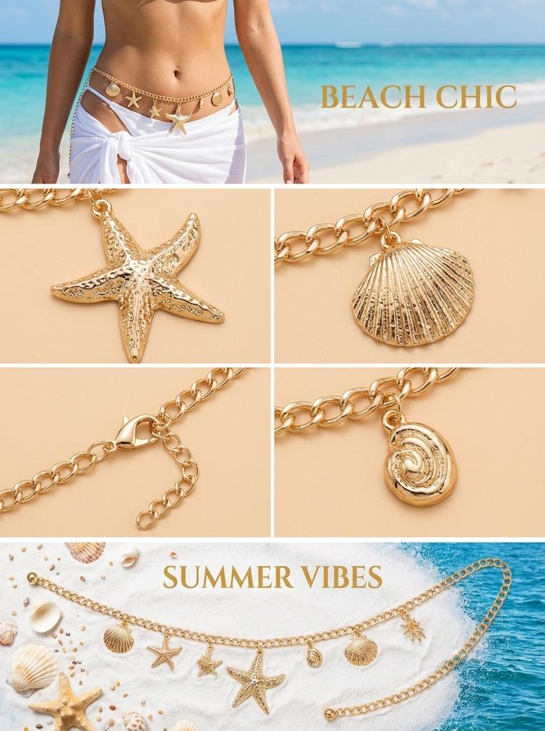 Metallic Summer Beach Starfish Shell Waist Chain Women Sexy Bikini Belly Body Chain Vacation Jewelry Accessories