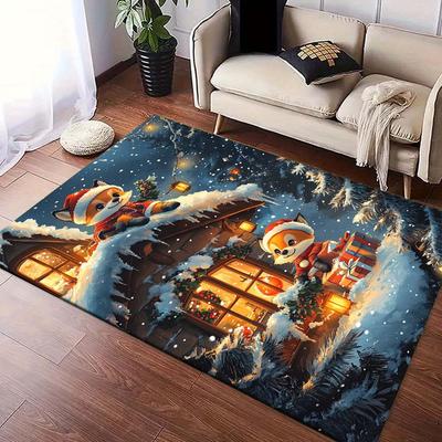 1pc Christmas Themed Rug, Foxy Christmas Print, Bedside Carpet, Non Slip Laundry Room Mat, Machine Washable Water Absorbing Entrance Door Ma