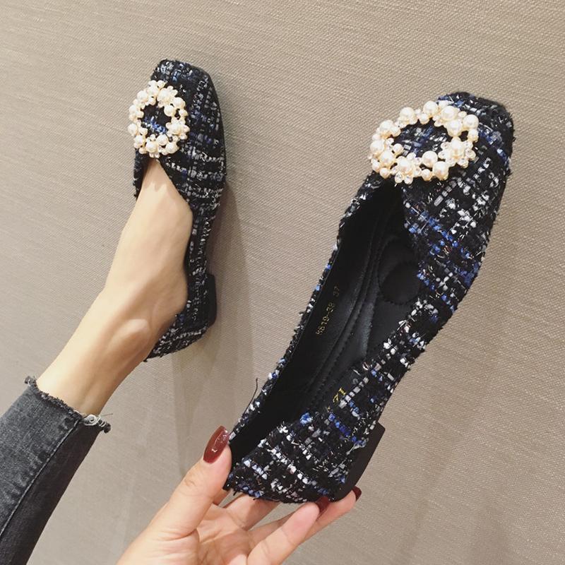 Fashion String Bead Flats Women Round Buckle Ballet Shoes Shallow Moccasins Femme Square Toe Mixed Colors Tweed Fabric Ballerinas Ladies