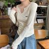 Spring U-neck Irregular Fishbone Line Top Women's Bow Embroidered Long-sleeved T-shirt Sweet Pure Desire Bottoming Shirt