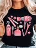 Women's Black and Pink Hair Salon T-shirt with Beauty Icons(hair Dryer, Scissors, Nail Polish, Curli