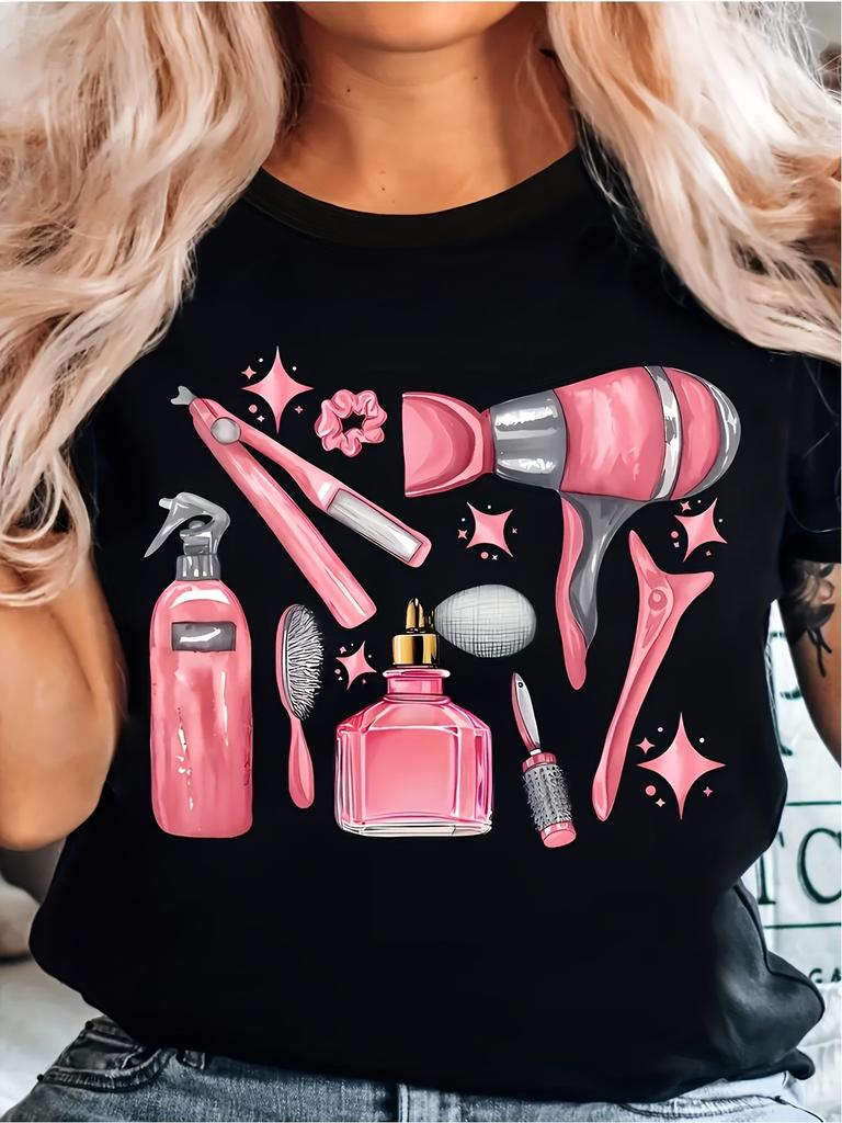 Women's Black and Pink Hair Salon T-shirt with Beauty Icons(hair Dryer, Scissors, Nail Polish, Curli