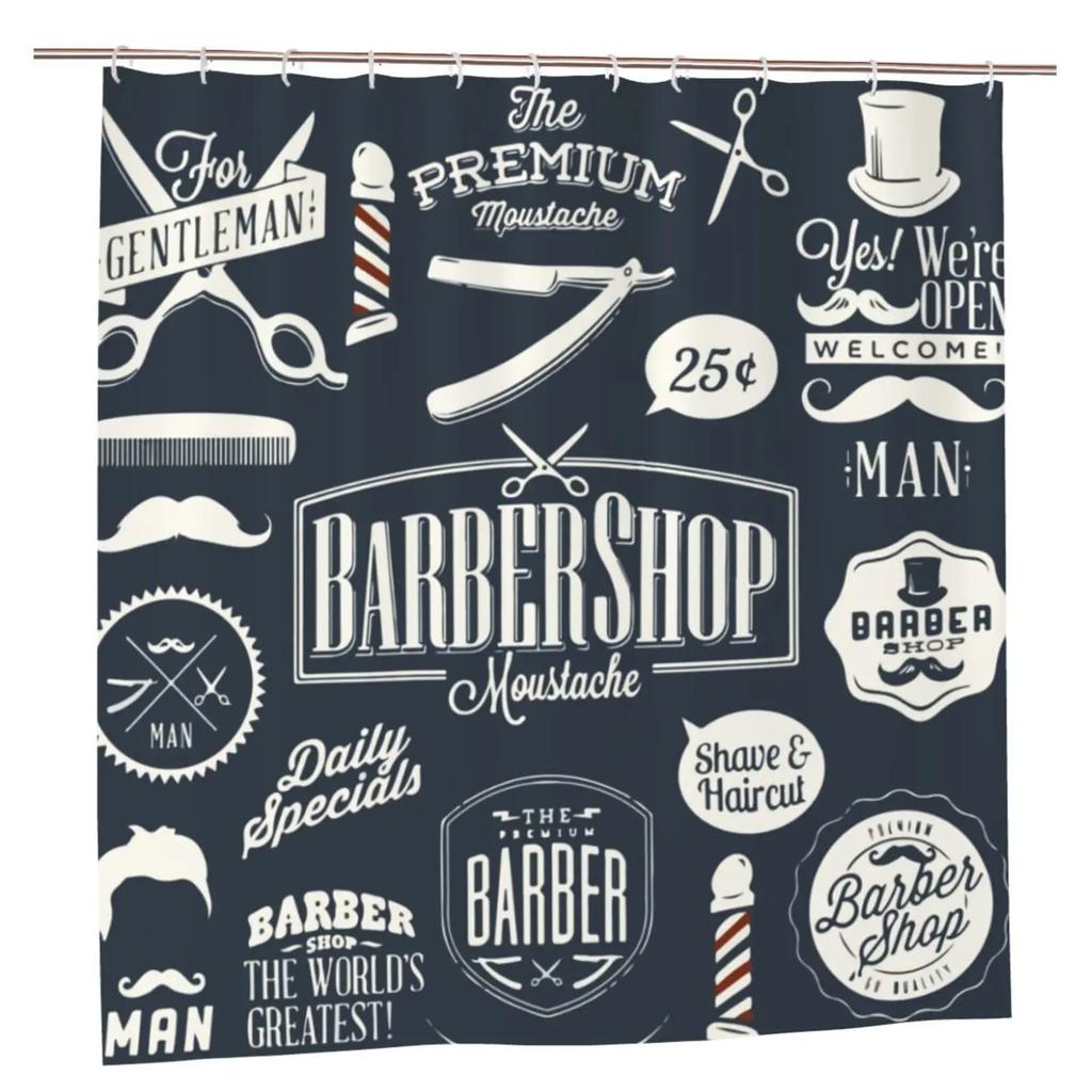 Barbershop Fabric Shower Curtain Set Barber With Tartan Vintage Badge Beard Cut Gentleman Graphic Grooming Screen Bathroom Decor