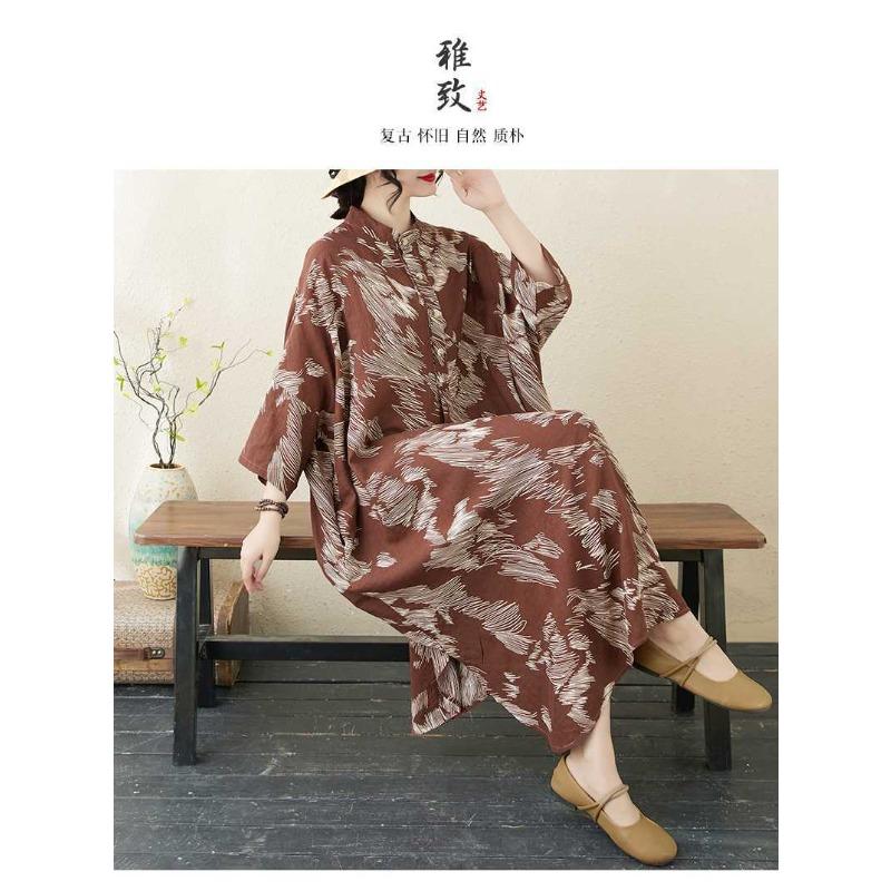 Temperament Literary Vintage Printed Stand Collar Loose Oversized Vacation Dresses