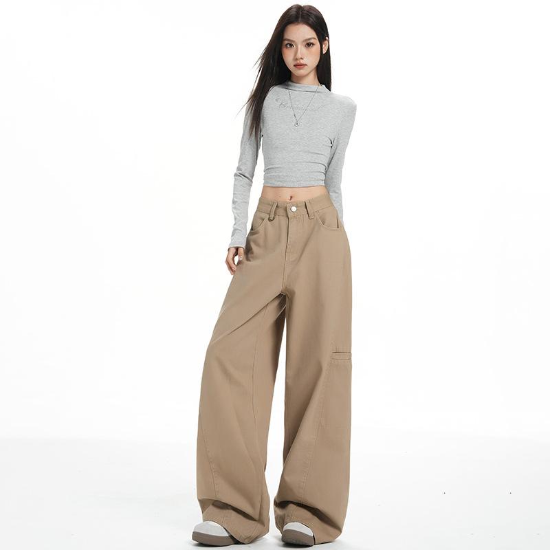 "High Quality" khaki overalls women's 1116 spring new casual wide-leg straight denim trousers lengthened 69