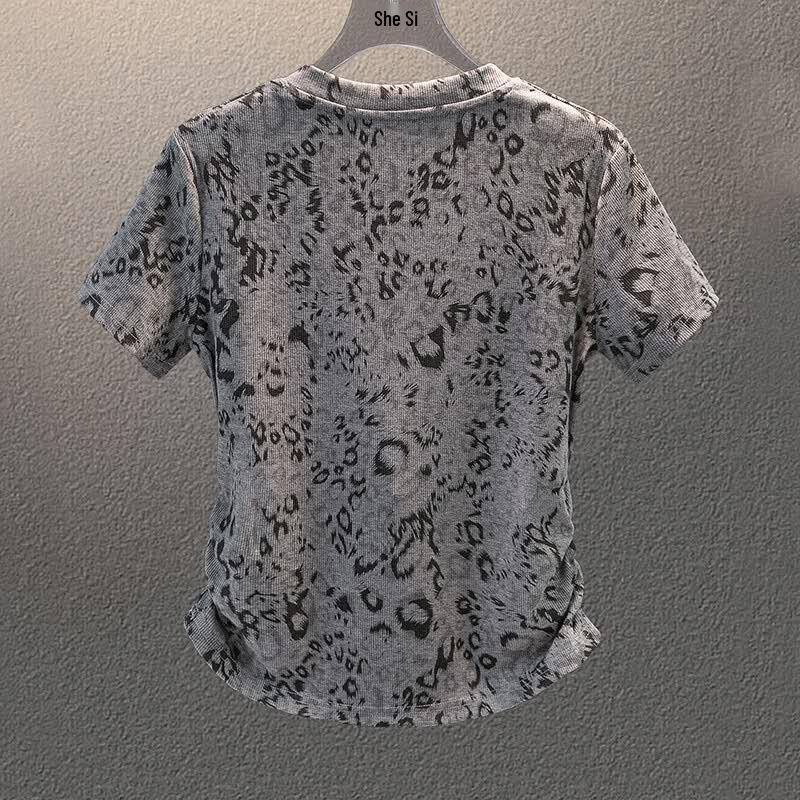 Damen V-Ausschnitt Kurzarm Leo-Print T-Shirt