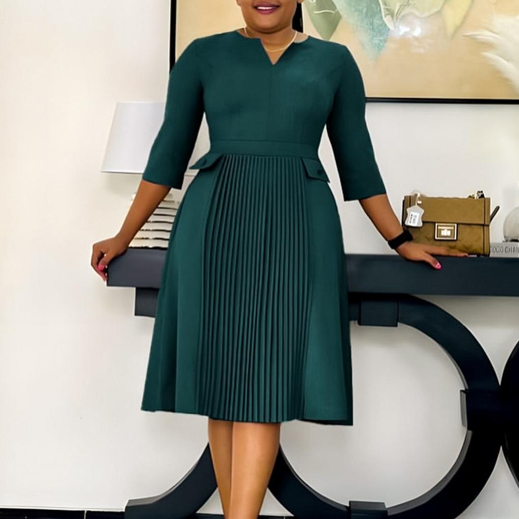 Fashion Women Solid Color Summer Dress Plus Size Cross Border African Dress Pleated Three Quarter Sleeves