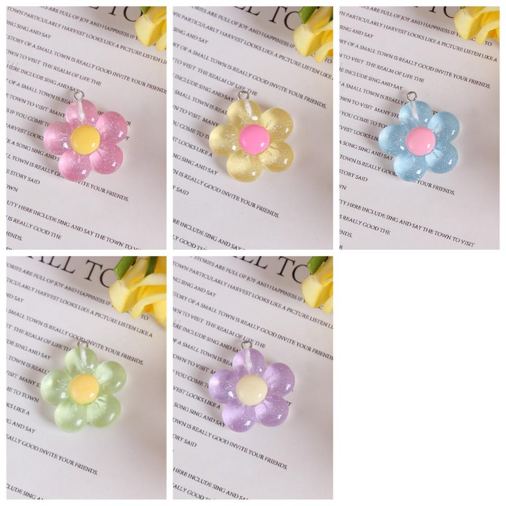 BEPAN 5pcs Transparent Glitter Five Petal Flowers DIY Jewelry Accessories Colorful Resin Shiny Flowers Keychain Pendant Decorations