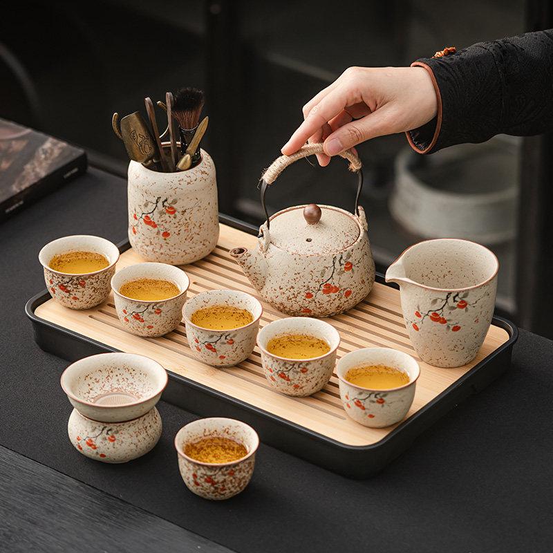 High-End Flint Red Gongfu Tea Set with Ceramic Kettle, Teacups, and Teaplatters