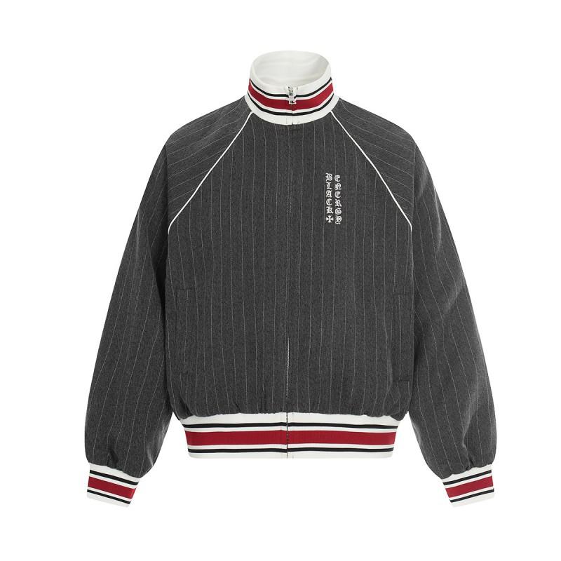 Mens Vintage Baseball Jacket Striped Casual Outerwear Fall Loose Fit Stand Collar Windproof