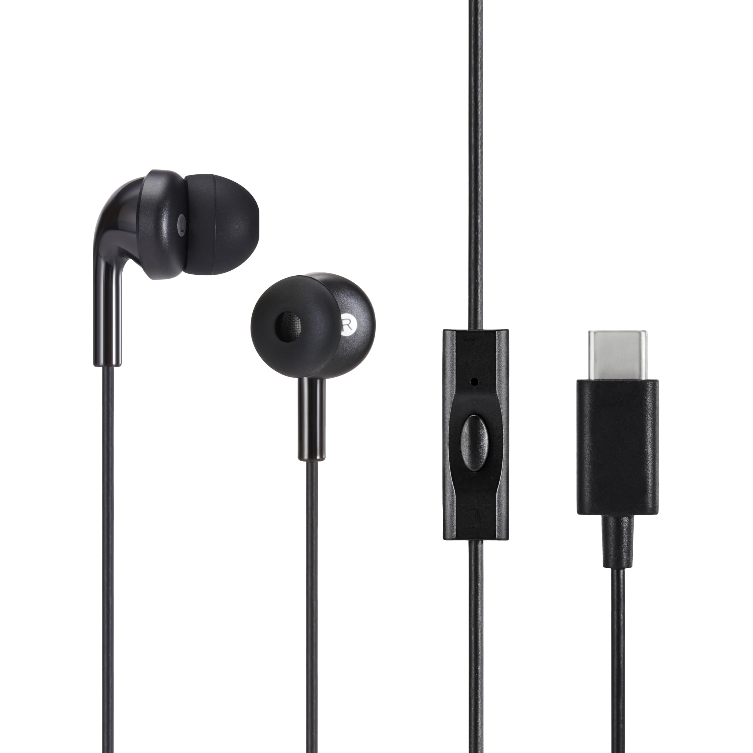 

Amazon Basics Wired Headphones with Ear Tips One Size Fits Black Type-C In-Ear Microphone, 1.3m Cable, S/M/L Included, All, чорний