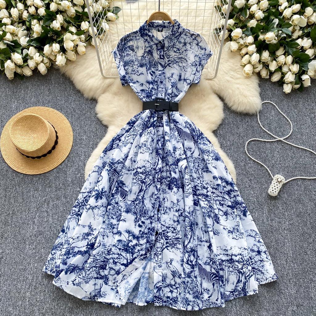 Women's Lapel Collar Vintage Midi Shirt Dress Summer Runway Pleated Short Sleeve Retro Jungle Print Belt Ladies Midi Dresses