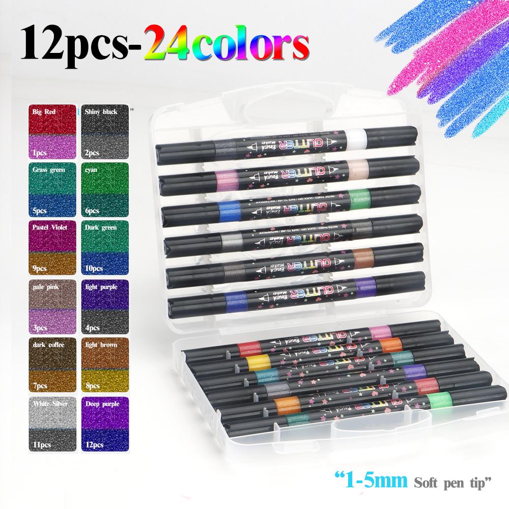 Dual Tip Dual Colors Glitter Marker 48 Colors Brush Soft Tip Art Marker Pen Waterproof for DIY Card Making