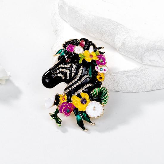 Zebrahuvud Emaljbrosch Strass Zebra Lapel Pin med Blommor Färgstark Häst Djur Brosch Pin Gåva för Kvinnor Män