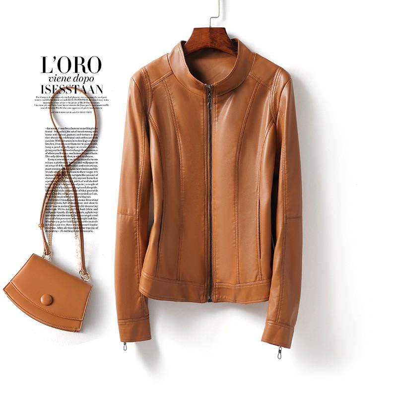 Womens Short Leather Jacket Stand Collar Slim Fit Winter Fall Coat Petite Ladies