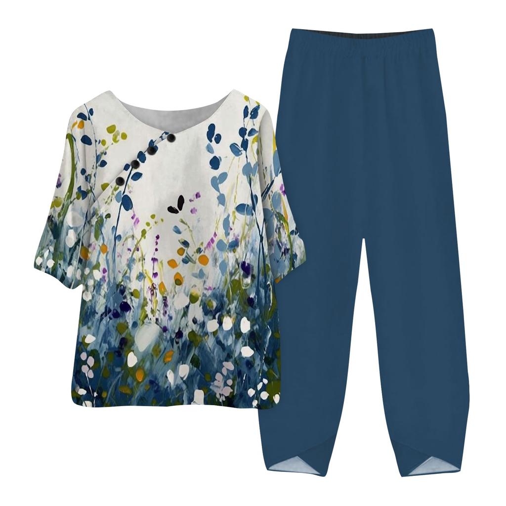 Women's Summer Half Sleeve Printed Tops Elastic Waist Nine Piece Pants Two Piece Set