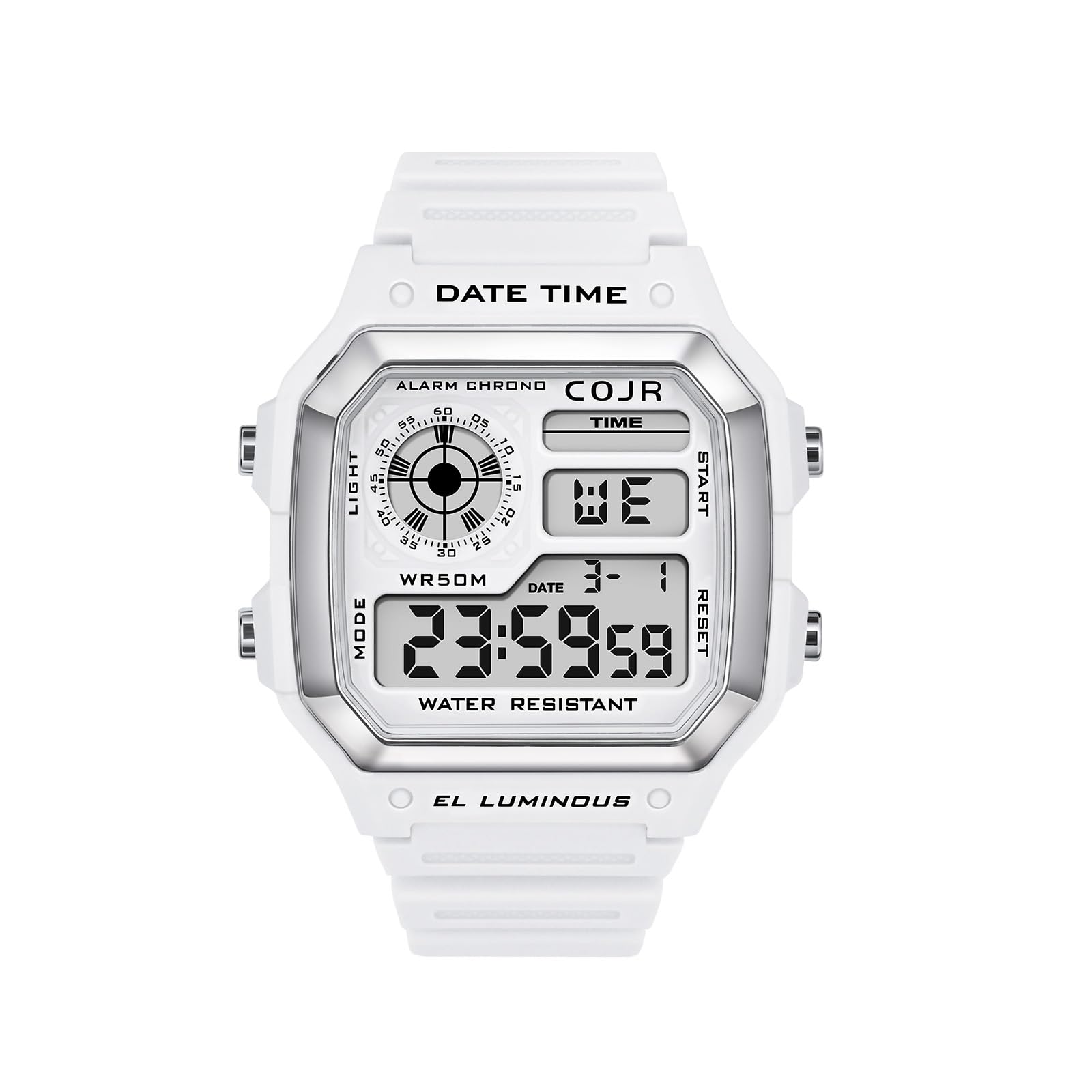 

COJR Men s Digital Wristwatch, 5 ATM, Waterproof, Multi-functional, Alarm, Stopwatch, Date, Week, LED Color