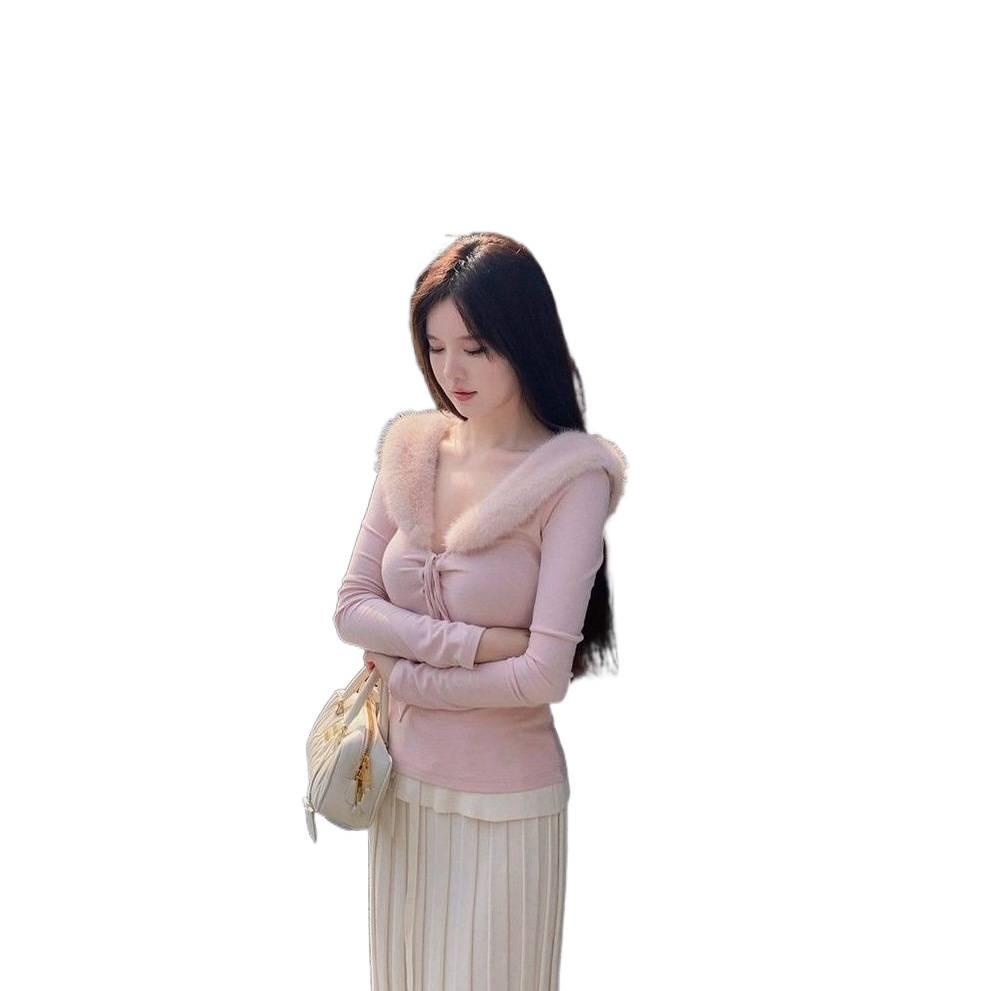 Elegant Women's White Fur Patchwork V-neck Long-sleeved Top - Perfect for Autumn/Winter, Wear as Inner or Outer Layer