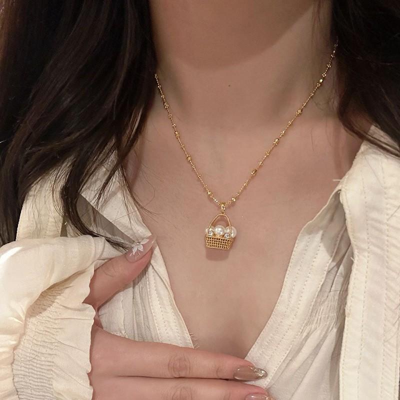 Pearl Small Flower Basket Necklace Fashionable Light Luxury Micro-inlaid Flash Diamond Collarbone Chain Female