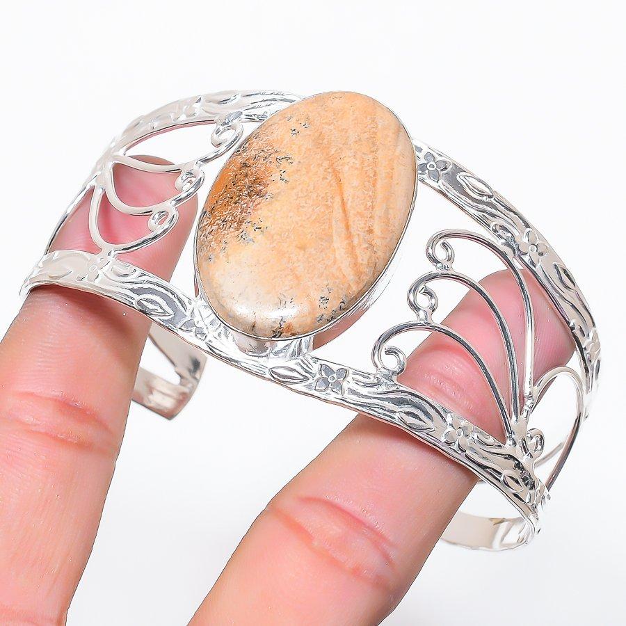 Natural Picture Jasper Gemstone 925 Sterling Silver Cuff Bangle Adjustable u0z26