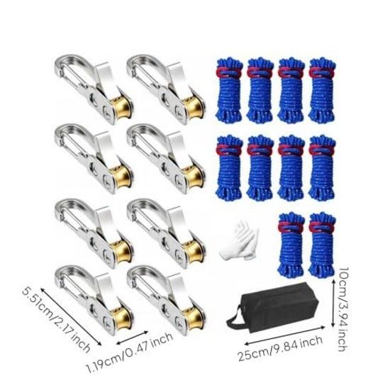 Rope tensioner adjustable metal body tightener brass roller stainless shaft spring mechanism durable included cord gloves bag suitable tent setup line