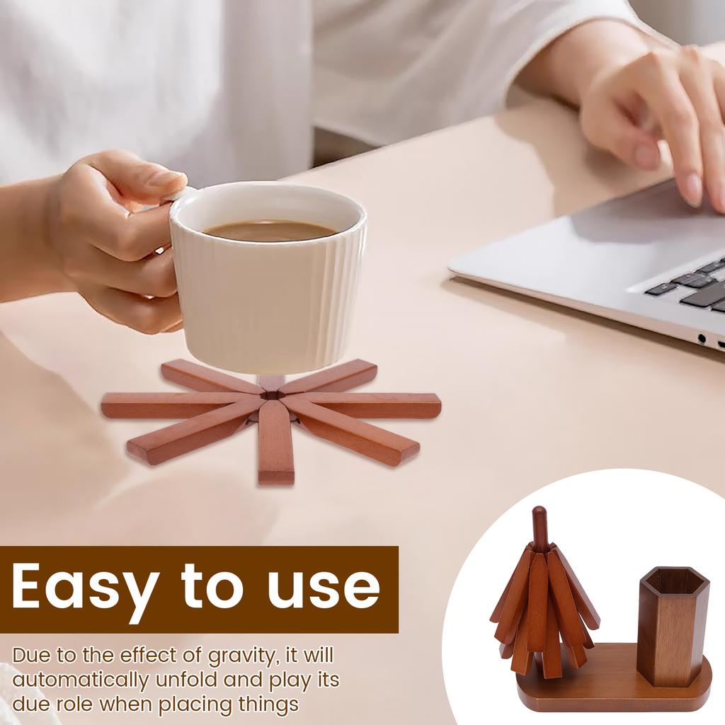 Tree Trivet Set Wooden Foldable Kitchen Trivet with Utensil Holder Heat Resistant Desktop Protective Pad for Hot Dishes Pot Bowl