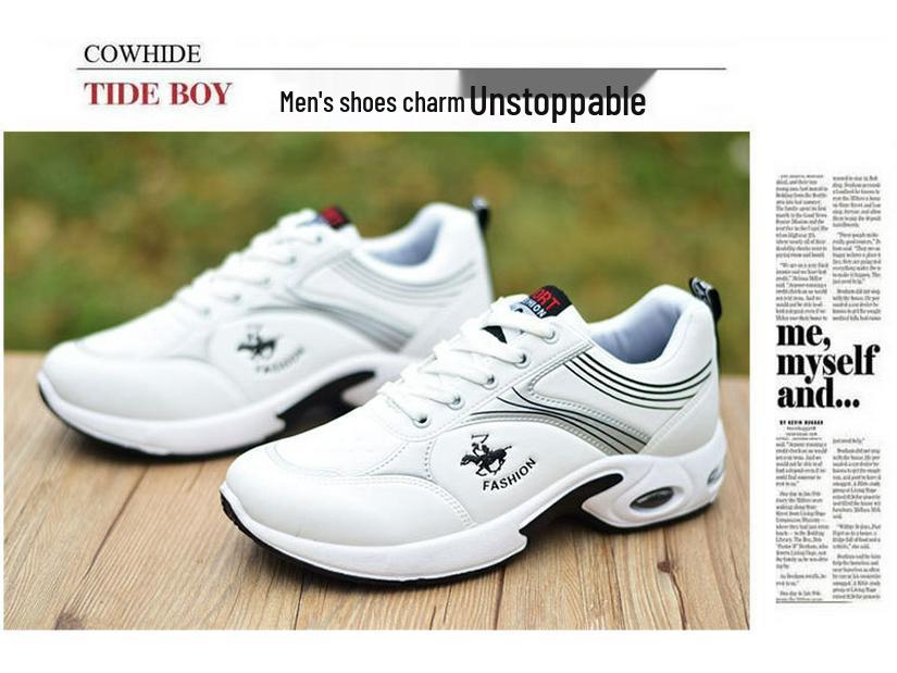 Men's White Sports Shoes: Air Cushion, Breathable, Non-Slip Leather, Trendy Casual Footwear for Autumn.