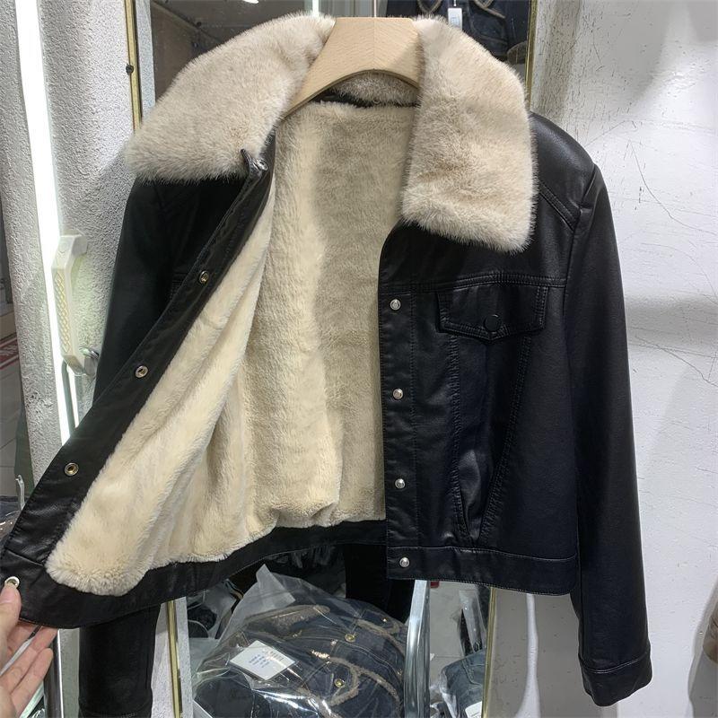 Fleece Leather Jacket Fur Collar Short Leather Jacket Thickened Fashion New Motorcycle Clothes Small Man