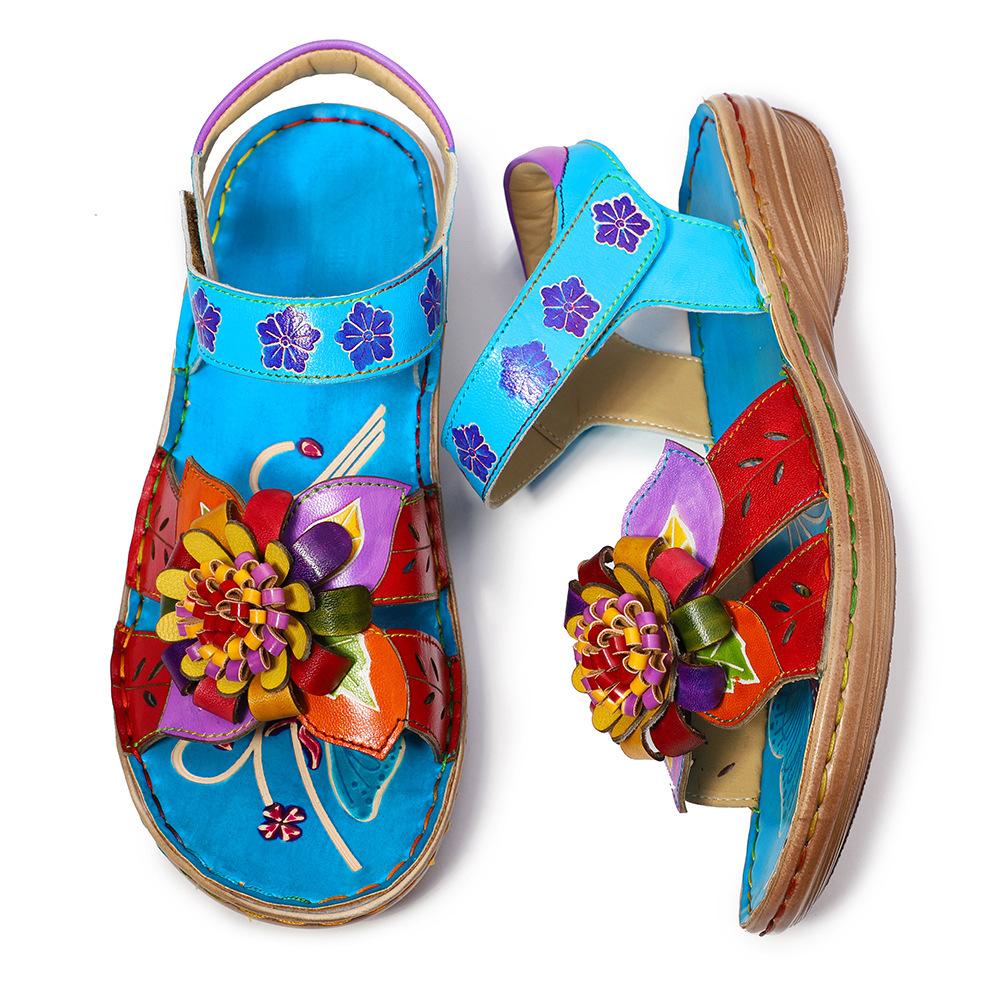 Peep Toe ploché sandály retro ručně vyráběné z pravé kůže měkká podrážka Pohodlné prodyšné dámské boty