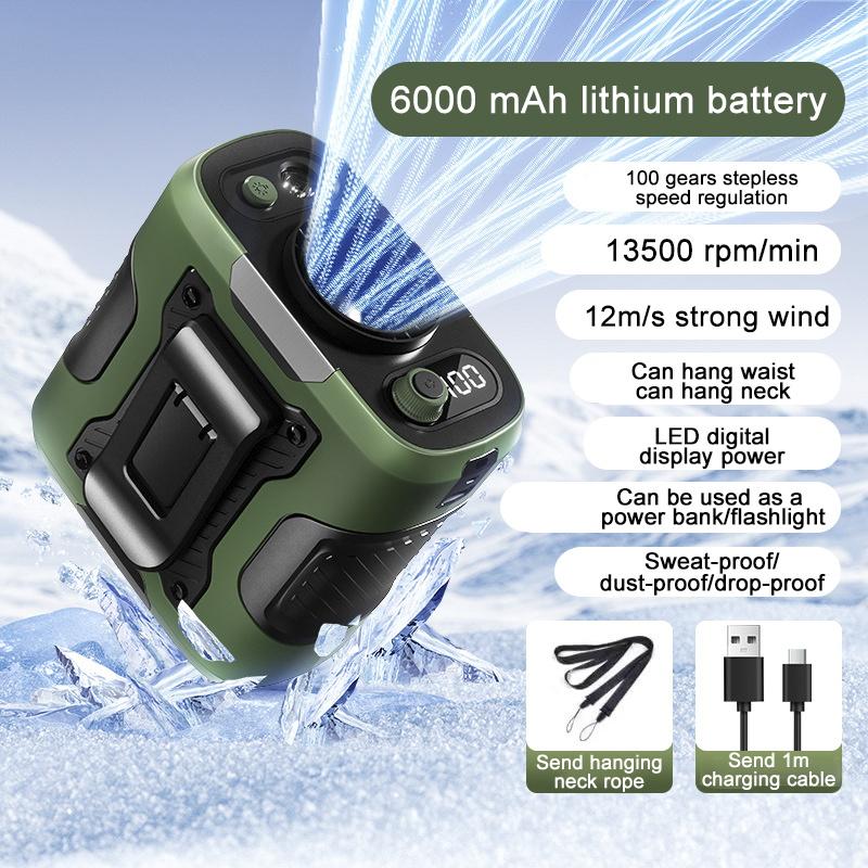 6000mAh High Speeds Outdoor Portable Waist Fan Hanging Neck Fans Multifunctional Strong Wind For Sports Courier Outdoor Working