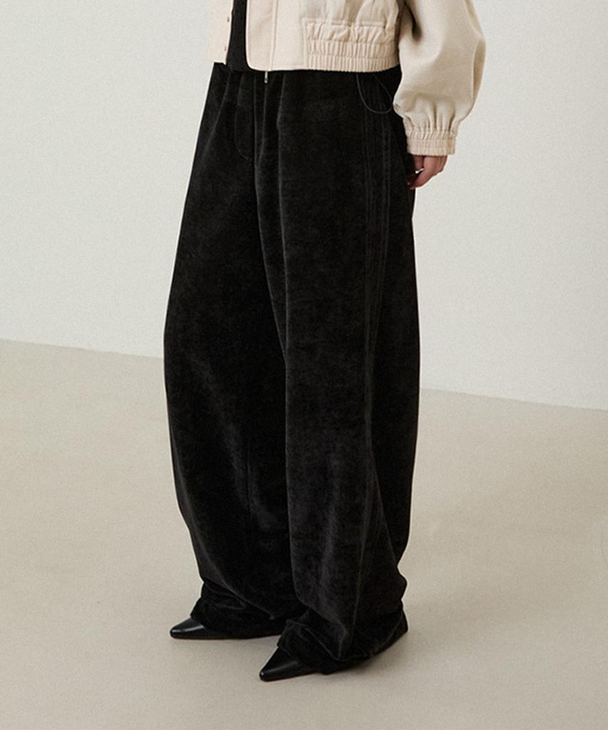 LMOOD WOMEN Plush Velvet Wide Track Pants Black