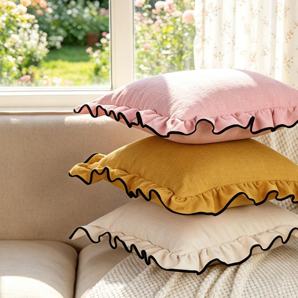 Ins Cotton Linen Pillow Cover Black Trim Scalloped Ruffle Edge Cushion Case Modern Farmhouse Decorative Throw Pillowcase Sofa Bed Cover