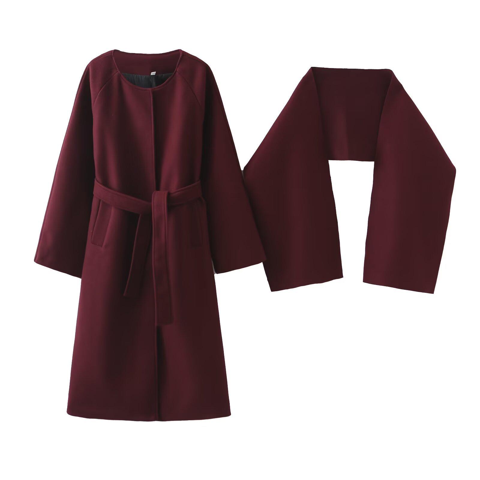 

Зима 2024 Женское модное шерстяное пальто в европейском и американском стиле с универсальным шарфом-галстуком S красный