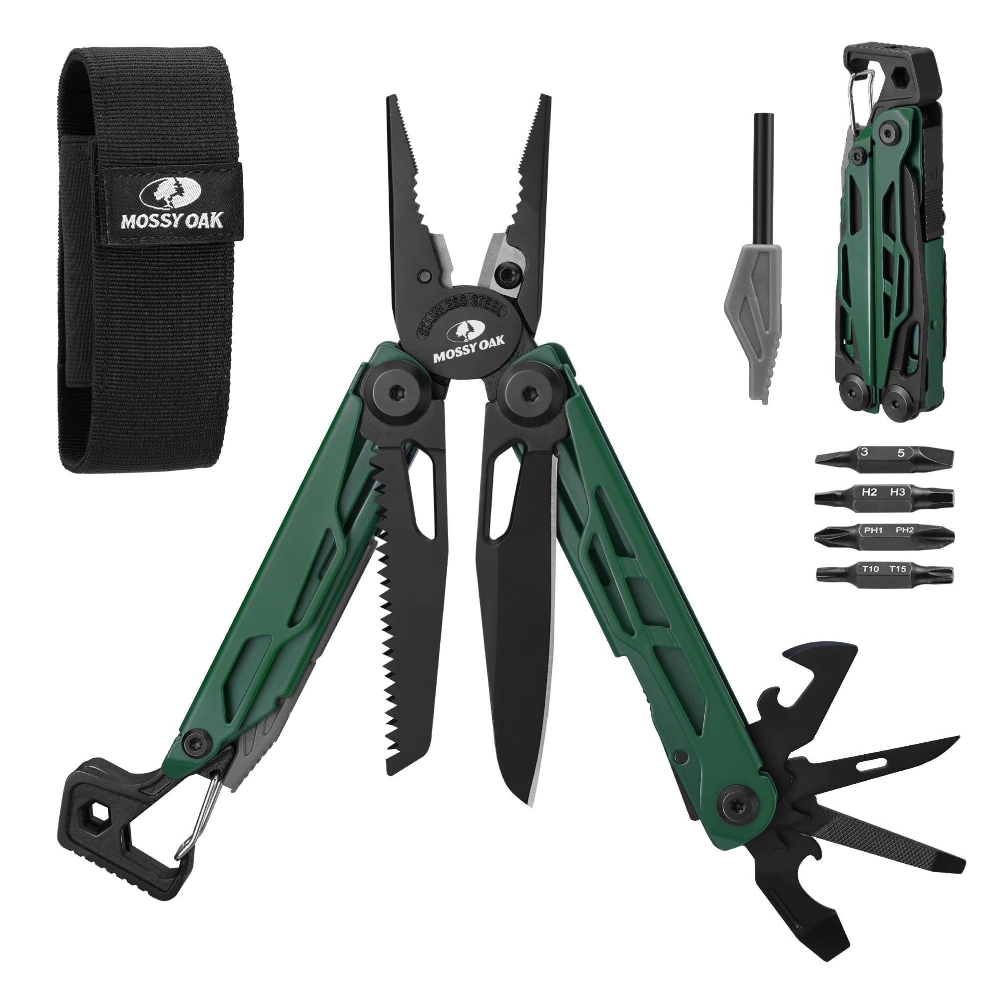 

MOSSY OAK Outdoor with Locking Folding Includes a Can and Perfect for Outdoor and Includes Green 27-in-1 Multi-Function Pliers, Multi-Tool Function, зелёный
