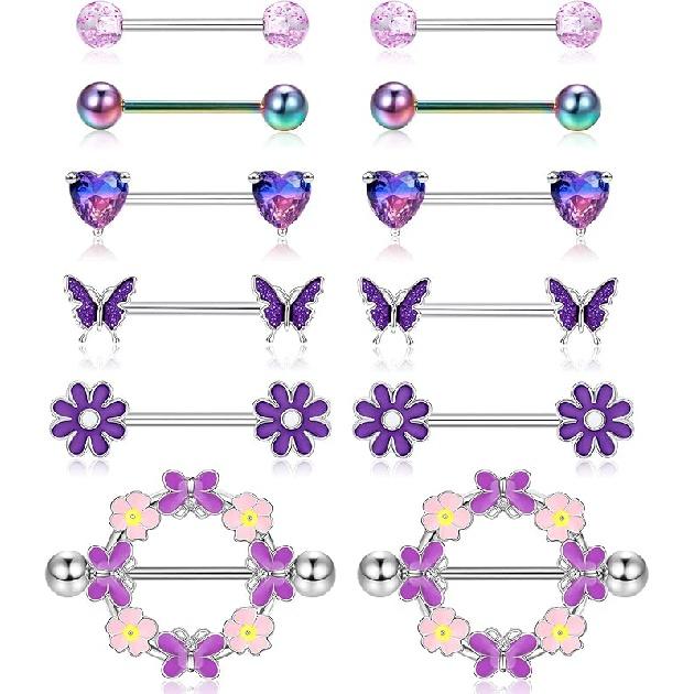 

FUNRUN ЮВЕЛИРНЫЕ ИЗДЕЛИЯ 6 Да 14G Кольцо Для Сосков Женское Медицинская Сталь Квадратный Кристалл Циркон Сердце Анютины Глазки Змея Штанга Кольцо Для Сосков Милый Пирсинг Соска фиолетовый