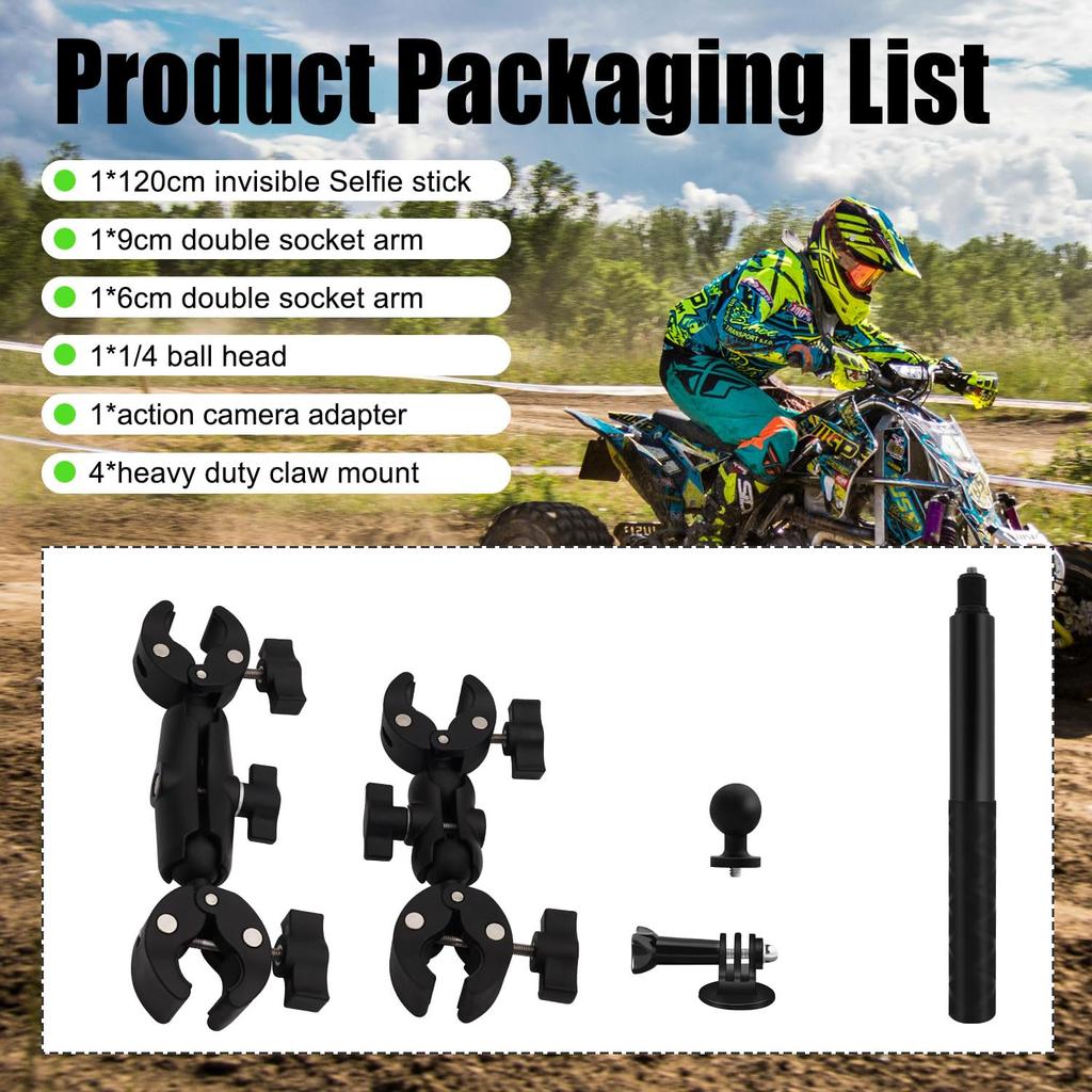 HAFOKO Motorcycle Clamp Mount Kit for Bike Handlebars and Invisible Selfie Stick for Compatible with GoPro 360 X GO and Osmo Also Compatible with