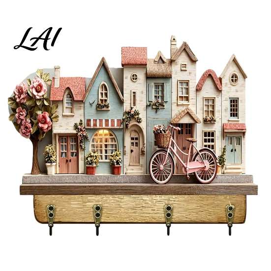 Rustikales Wohnmobil-Dekor für den Eingangsbereich Holz-Schlüsselhalterständer Vintage-Campingmusterständer mit 4 Haken Kreativer Aufhänger Eingang 2D Bauernhaus-Wandmontage